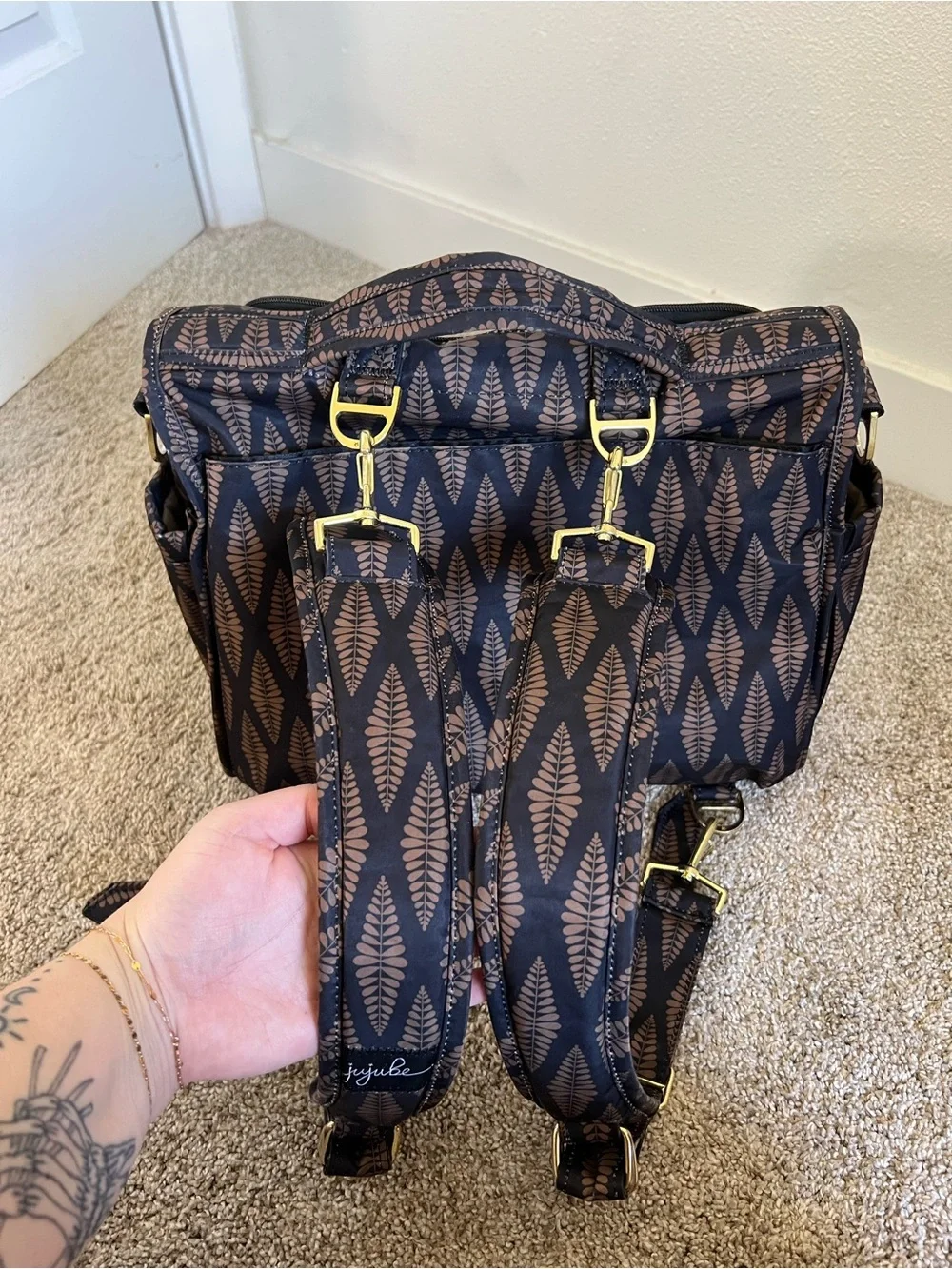 Ju-Ju-Be Brown Patterned Satchel Diaper Bag with Gold Hardware